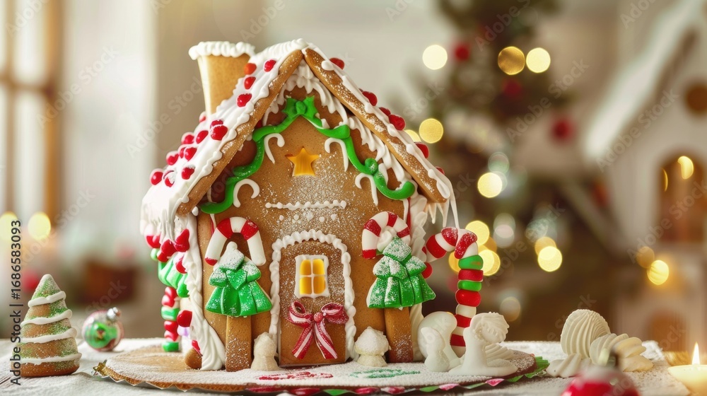 Fototapeta premium Christmas Gingerbread House: Celebrating Holiday Cheer with Handcrafted Designs, Colorful Icing Decor, and Festive Candy Accents – Perfect Visual Inspiration for Christmas Baking, Home Decor, Holiday