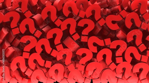 Falling and scattered 3D question mark isolated on black screen.