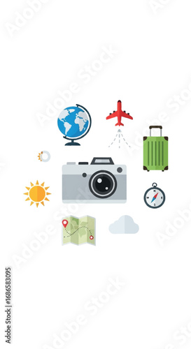 Travel and tourism flat design elements set for vacation planning.