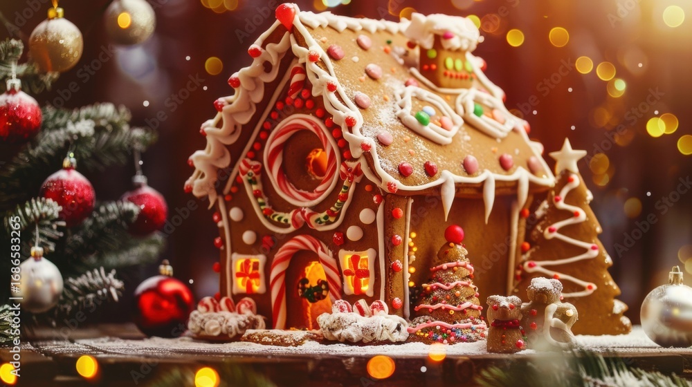 Fototapeta premium Christmas Gingerbread House: Celebrating Holiday Cheer with Handcrafted Designs, Colorful Icing Decor, and Festive Candy Accents – Perfect Visual Inspiration for Christmas Baking, Home Decor, Holiday 