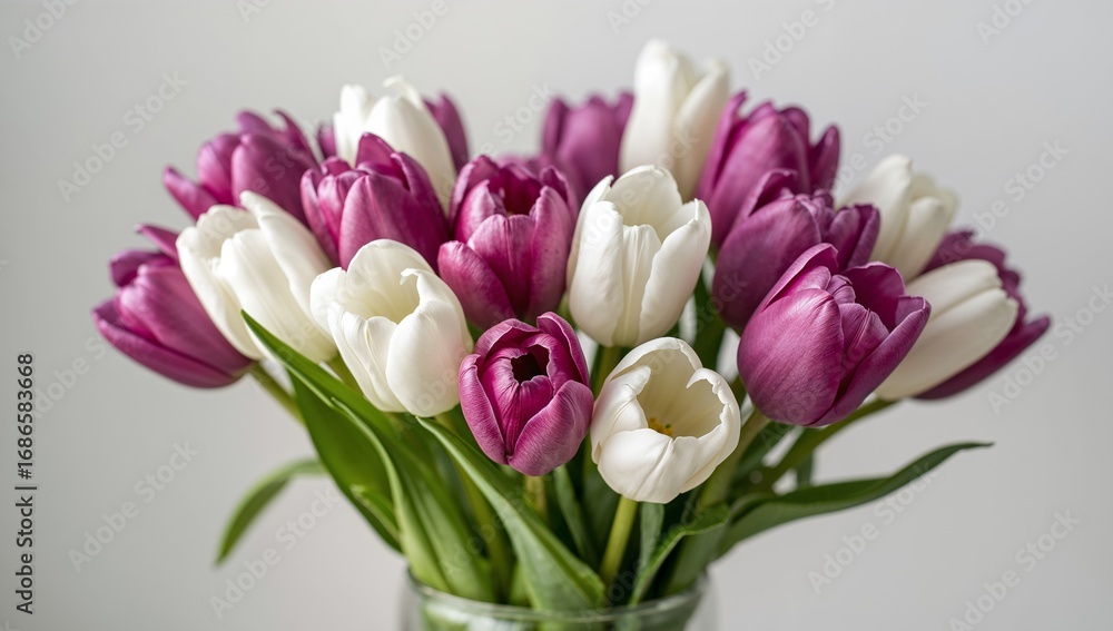 Fototapeta premium Floral Arrangement with Purple and White Tulips A Celebration of Spring Colors.