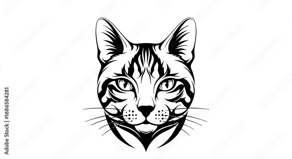 Obraz premium Vector Minimalist Black and White SVG Illustration of a Cat Head with Line Art Style