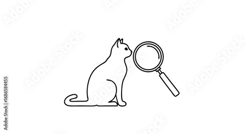 Minimalist Vector SVG Icon of Cat with Magnifying Glass in Line Art Style for Search and Investigation Applications
