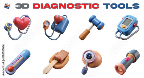 3d diagnostic tools  stethoscope, blood pressure monitor, reflex hammer, thermometer, and flashlight