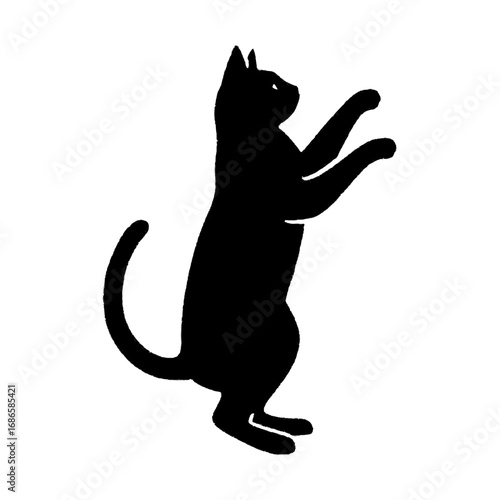 Black cat silhouette standing on hind legs reaching up with front paws isolated on white background