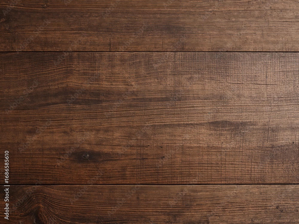 Naklejka premium Grainy Wood Surface Dark Brown Planks with Knots and Textured Patterns.