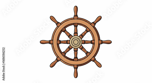 Wooden Ship Wheel Isolated on White Background.