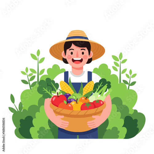 A smiling farmer proudly displays a basket brimming with fresh, colorful, healthy produce, surrounded by lush greenery, symbolizing abundance and the rewards of agriculture