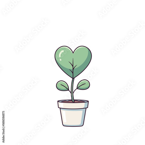 A charming houseplant seedling with a heart leaf in a pot. A simple, clean drawing about nature, care, and affection