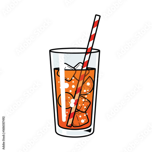 Refreshing glass of orange juice with ice cubes and a striped straw, perfect for summer.