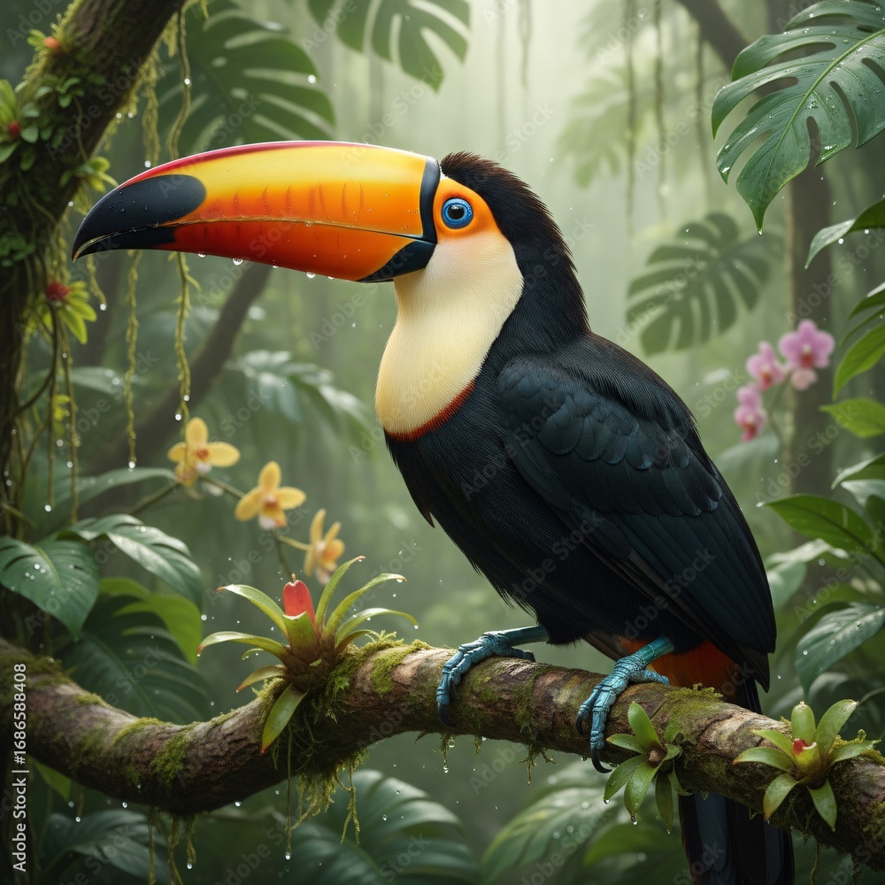 Fototapeta premium Close-Up Photography of Colorful Toucan with Bright Beak Sitting on Tropical Branch in Lush Green Jungle – Perfect Exotic Bird Wall Art