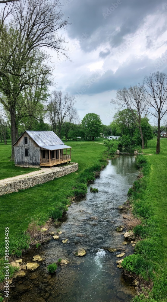 Obraz premium Tranquil landscape featuring a small cabin nestled beside a gently flowing stream under a cloudy sky, surrounded by lush green grass and trees