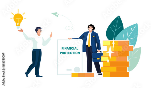 Business. Teamwork Businessman investor and employee accumulate funds, gold dollar coins on pile of money, investment growth financing, profitability, people, banking, bank, poster.Vector illustration