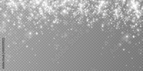 Christmas background with large snowflakes. Crystalline snow particles. White transparent design with snow imagery. Whirling snowflakes, January theme. Landscape with snowstorm.