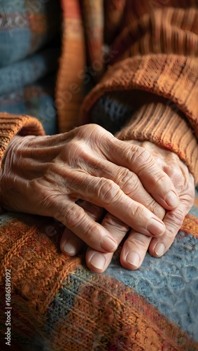 Close up of aged hands resting peacefully on a warm knitted sweater pattern