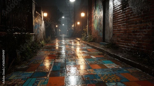 Wet cobblestone street at night, illuminated by dim street lights, lined with brick walls, vegetation, and a dark, mysterious alleyway ahead