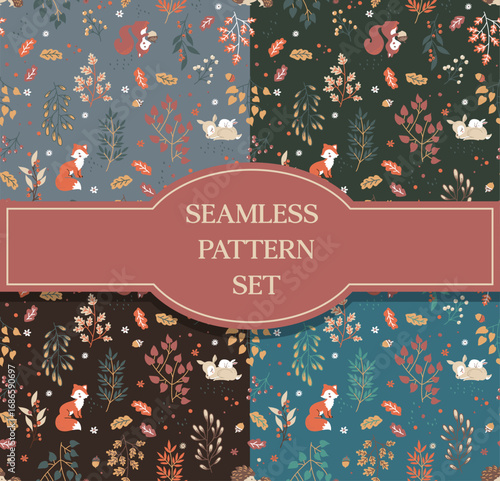Set of 4 different vector seamless patterns with cute animals - fox, deer, squirrel, rabbit, hedgehog . A pattern of leaves and berries. For baby, woman .textiles, fabrics, souvenirs, packaging