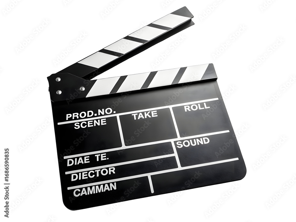 Fototapeta premium Black and white film clapperboard studio shot against black background showing scene take sound roll prod no director and cameraman labels isolated on a transparent background