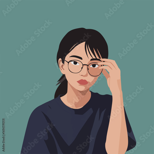 A stylized illustration of a young woman with glasses, adjusting her hair, looking thoughtful.