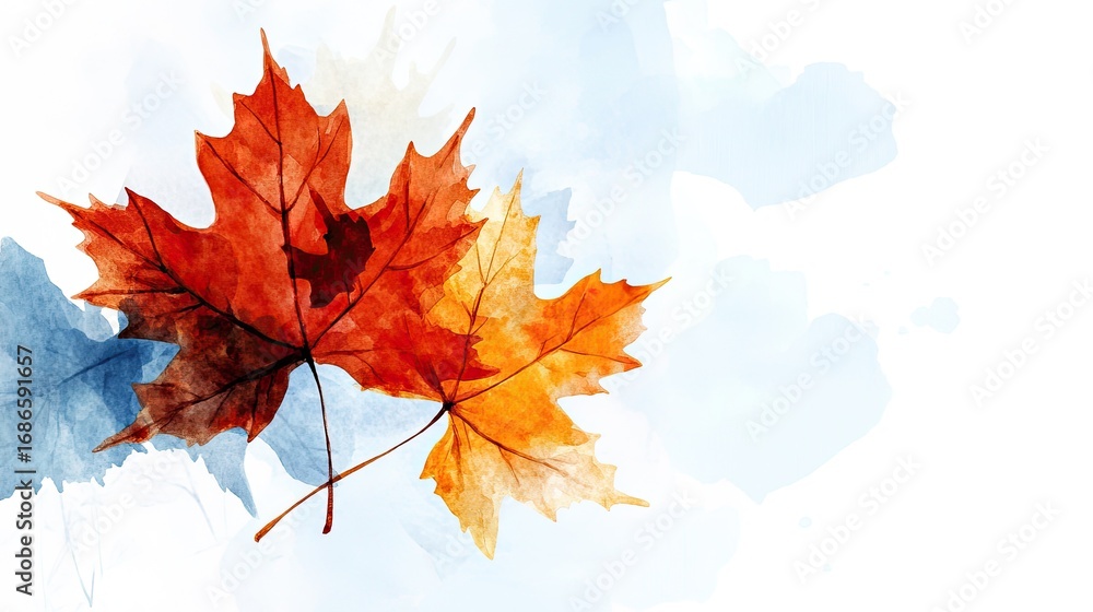 Fototapeta premium Watercolor Autumn Maple Leaves: A Serene Fall Composition with Soft Hues and Abstract Background