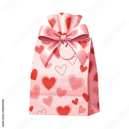 Pink gift bag adorned with red and pink heart patterns and a large ribbon bow, perfect for Valentine's Day.