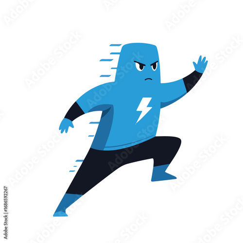 Blue cartoon character with a lightning bolt on its chest, running fast with a determined expression.