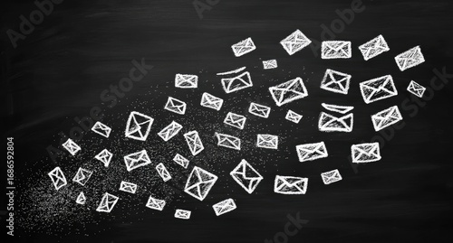Flying Emails White sketched email icons float right, fading from dots. Dark background, simple illustration of electronic communication
