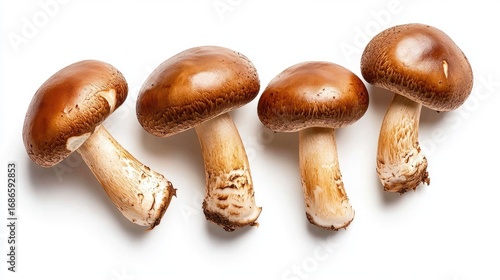 Four Brown Portobello Mushrooms on White Background, Culinary Ingredient, Fresh Produce