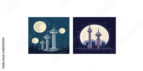 Print  Minimalist pixel-art inspired vector of futuristic space colony towers under glowing moons