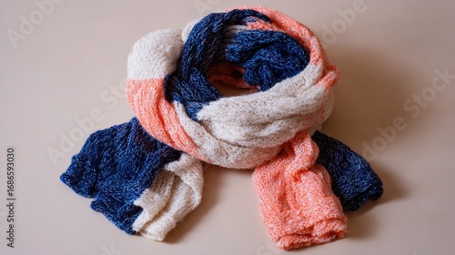 Soft, striped scarf in cream, blue, and coral, casually draped on a plain surface. Woven texture visible