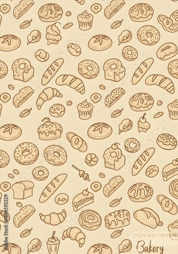 Wallpaper Mural Pastry Pattern Beige Background with Hand-drawn Bakery Goods Torontodigital.ca