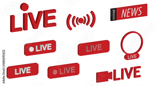 Collection of red "LIVE" and "NEWS" graphics and icons for broadcasting and streaming.