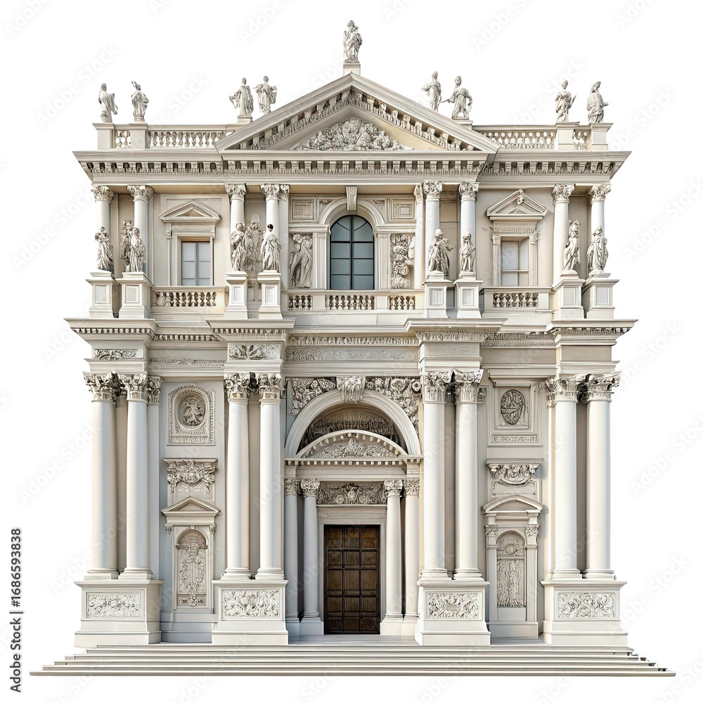 Fototapeta premium Magnificent baroque facade of a grand italian church with intricate sculptural details isolated on transparent background