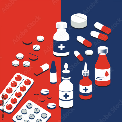 Assortment of pills, capsules, and medicine bottles.  Red and blue background.
