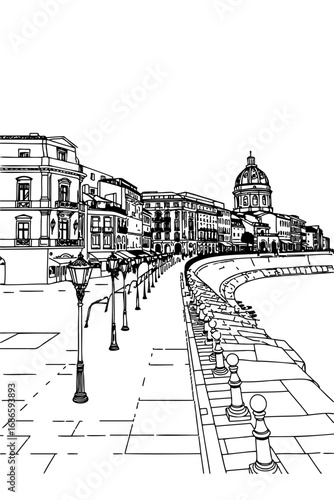 Nice, France black and white coloring page for adults. French city, cityscape, buildings, waterfront, cathedral vector outline doodle sketch for anti stress color book