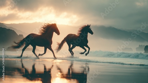 Two horses galloping on a beach during a misty sunrise