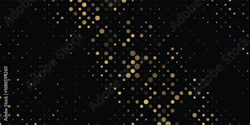 Abstract luxury banner with golden glittering dots on black background. Sparkling glitter bottom border, vector frame. Halftone effect. Magical gold dust. Pop art style backdrop.