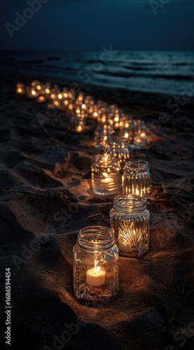 Lit candles in glass jars line a sandy beach leading to a dark sea under a night sky