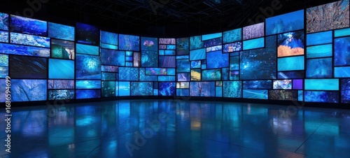 The vibrant display of digital screens showcasing mesmerizing blue-themed visuals.
