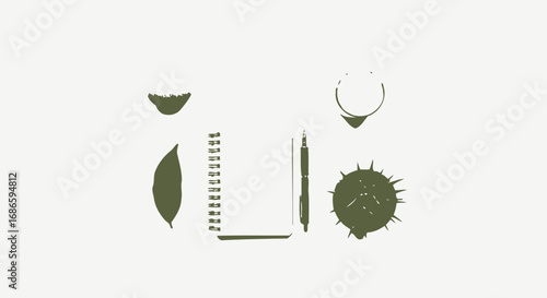 botanical ink natures still life, artistic composition, isolated on transparent background