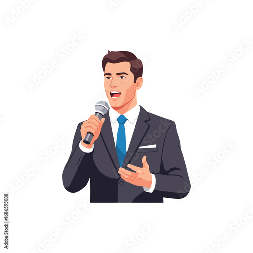 Expressive leadership and teamwork to speak and announce strategy at a live conference; using a microphone to communicate information and advice to the audience clip art