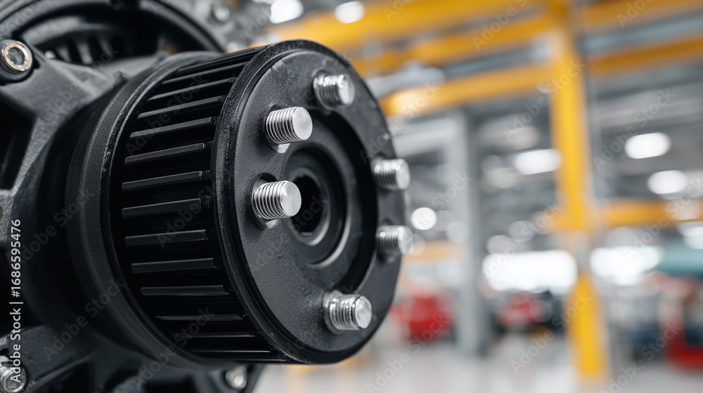 Fototapeta premium Macro close-up of alternator bolts, pulley system, and belt grip, showcasing precision engineering and power transmission
