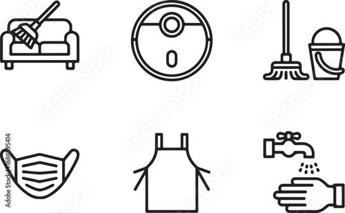 Cleaning and Hygiene Icons: Broom, Robot Vacuum, Mop, Mask, Apron, Hand Washing