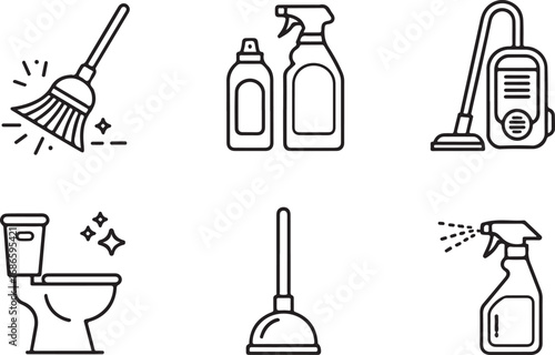 Cleaning Icons: Broom, Sprays, Vacuum, Toilet, Plunger, and Spray Bottle