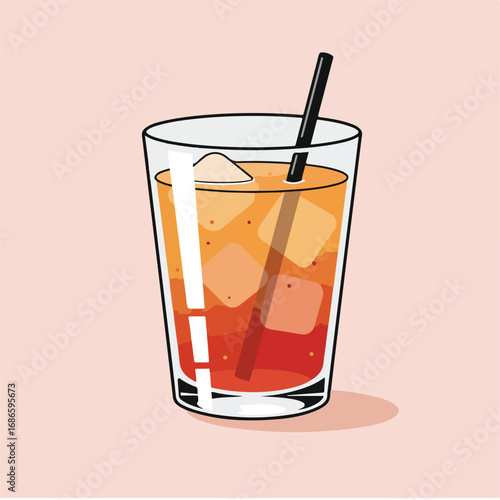 Illustration of a refreshing orange and red cocktail in a clear glass with ice cubes and a black straw, set against a light pink background.