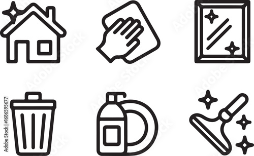 Set of Cleaning Icons: House, Wiping, Window, Trash, Dishes, Vacuum