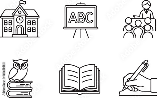 Education Icons: School, ABC Board, Teacher, Owl, Book, Writing
