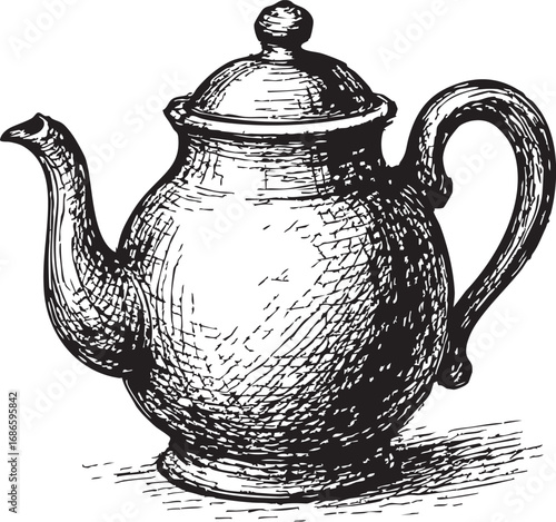 Hand-drawn teapot sketch with textured shading, black and white vintage vector for tea, kitchen, and culinary design themes