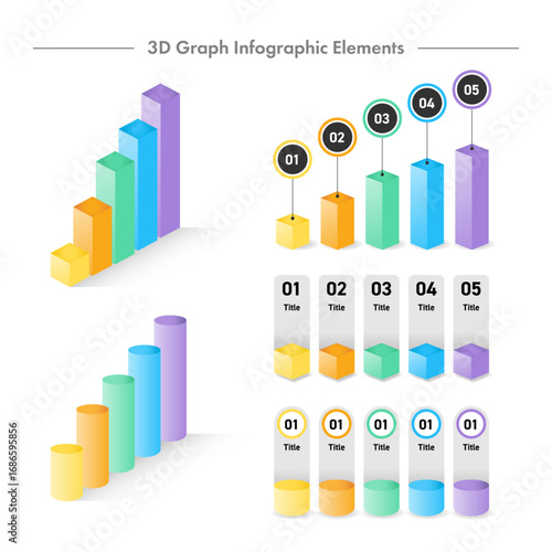 3D Infographic Graph Elements Set, Colorful Bar and Cylinder Charts for Business Presentation