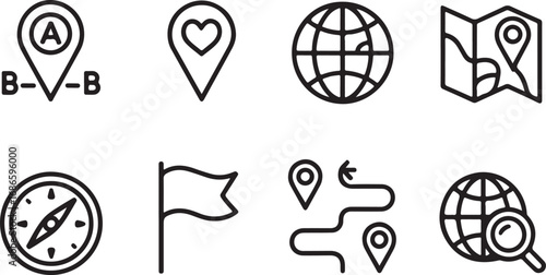 Collection of Navigation and Location Icons: Maps, Globes, Compasses, and Pins